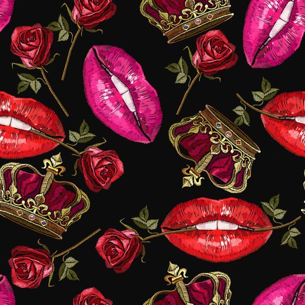 Embroidery lips, roses flowers and crown seamless pattern. Template for clothes, textiles, t-shirt design - ベクター画像