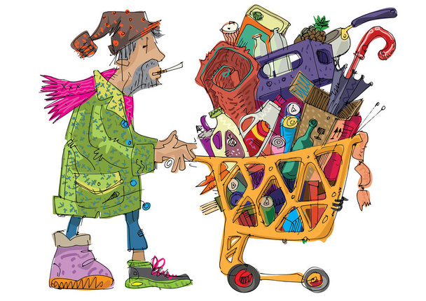 Un pauvre sans-abri avec un vieux chariot de supermarché plein de déchets et toutes sortes de trucs. Caricature. Caricature
 - Vecteur, image
