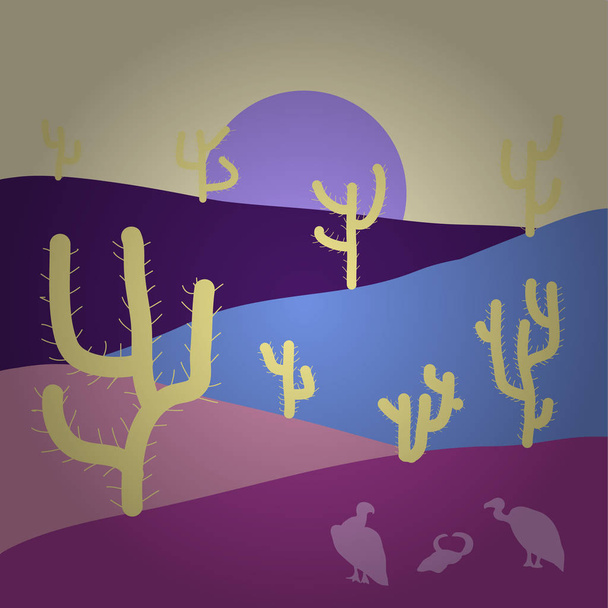 Color púrpura, beige y azul fondo con cactus. Ilustración vectorial. Desierto. Arenas
. - Vector, Imagen