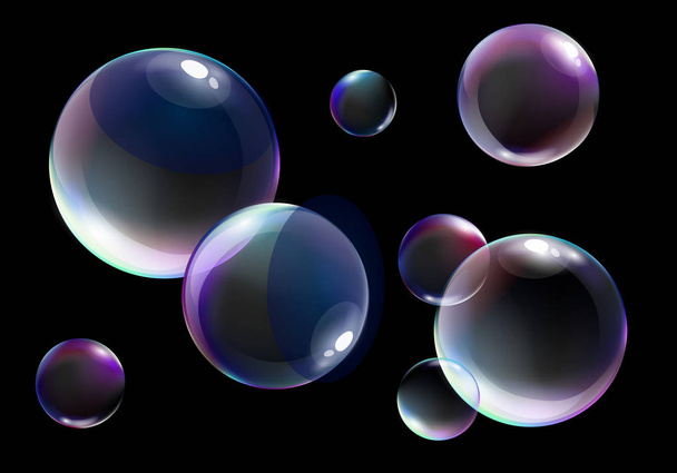 Vector illustration of realistic soap bubbles with bright rainbow colors on black background. - Vector, Imagen