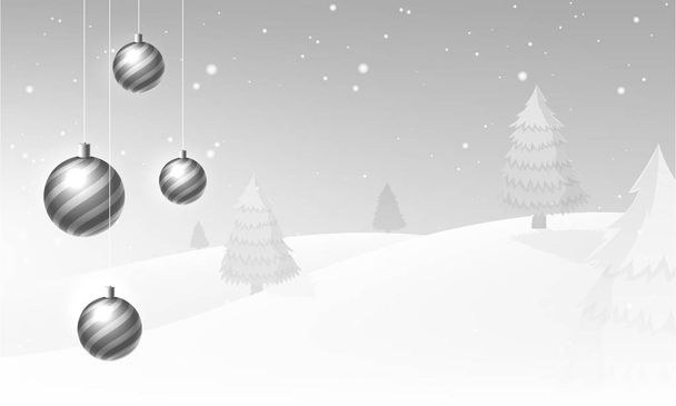Christmas celebration concept, winter landscape background with decorative hanging baubles. - Vecteur, image