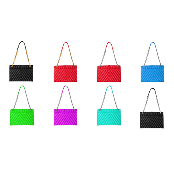 Bolsos de cuero brillante multi-color para mujer con un estampado diagonal y una gran cadena de plata. Collage de 8 fotos
 - Foto, imagen