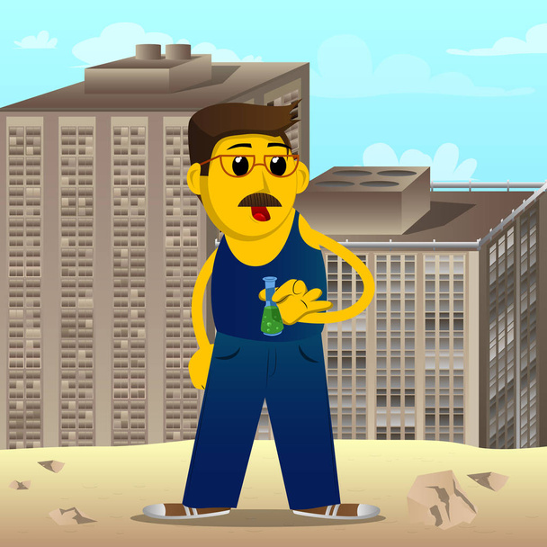 Žlutý muž drží zkumavky. Vektorové ilustrace kreslené. - Vektor, obrázek