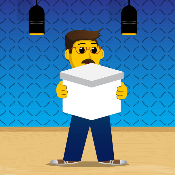 Un homme jaune tenant une boîte blanche. Illustration vectorielle de dessin animé
. - Vecteur, image
