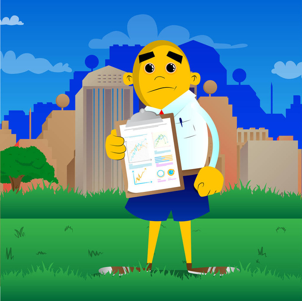 El hombre amarillo muestra el informe financiero. Dibujos animados vectoriales ilustración
. - Vector, imagen