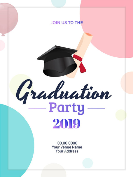 Graduation party 2019 invitation card or template design with illustration of mortarboard and diploma. - Vector, Image
