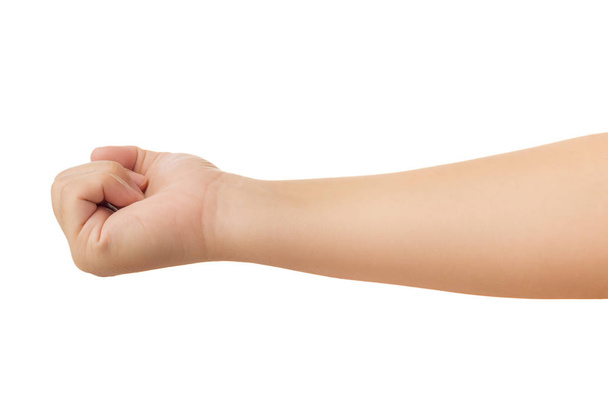 Ανθρώπινο χέρι σε γροθιά, διάτρηση ή griping χειρονομία απομονωθεί σε λευκό φόντο με τον pat αποκοπής - Φωτογραφία, εικόνα