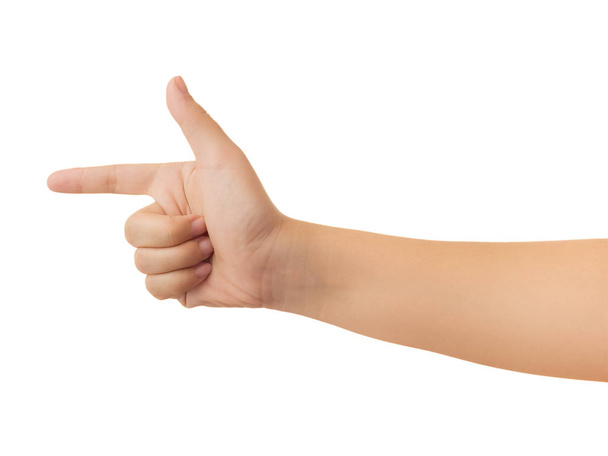 Human hand in forefinger pointer, touch, strike slightly or command gesture isolate on white background with clipping path - Fotografie, Obrázek