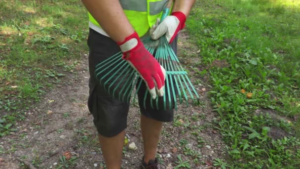 Worker fixing rake in summer - Footage, Video