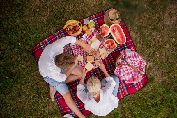 Couple in love enjoying picnic time while sitting on plaid - Fotografie, Obrázek