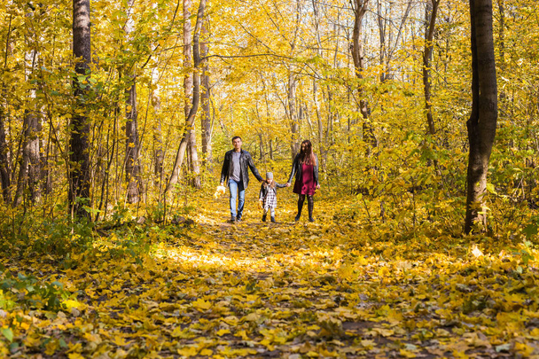 Familie, herfst, mensen concept - jonge gezin lopen in park op in herfstdag - Foto, afbeelding
