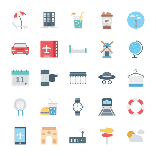 Conjunto de iconos vectoriales aislados de viaje constan de playa, café, taxi, globo, reloj, toalla y nube
 - Vector, Imagen