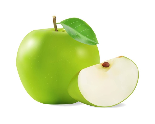 Realistické zelené jablko ovoce s vektorové ilustrace. Design pro kulinářské výrobky, koření balíčky, recept weby, kuchařky atd - Vektor, obrázek