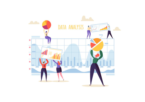 Big Data Analysis Strategy Concept. Marketing Analytics with Business People Characters Working Together with Diagrams and Graphs. Vector illustration - Vektör, Görsel