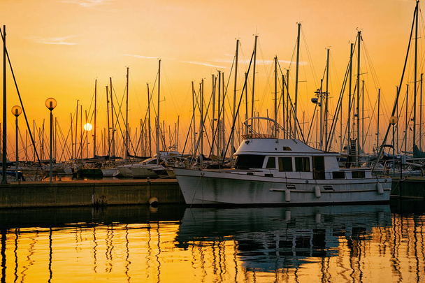 Beautiful sunset in the ships on marina on Izola village on the Adriatic sea, Slovenia - Photo, Image