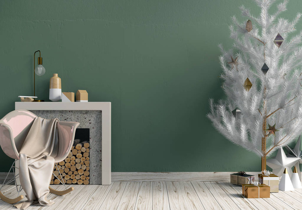 Современный светящийся рождественский интерьер с камином, скандинавский стиль. Стена макетирует. 3D иллюстрация
 - Фото, изображение