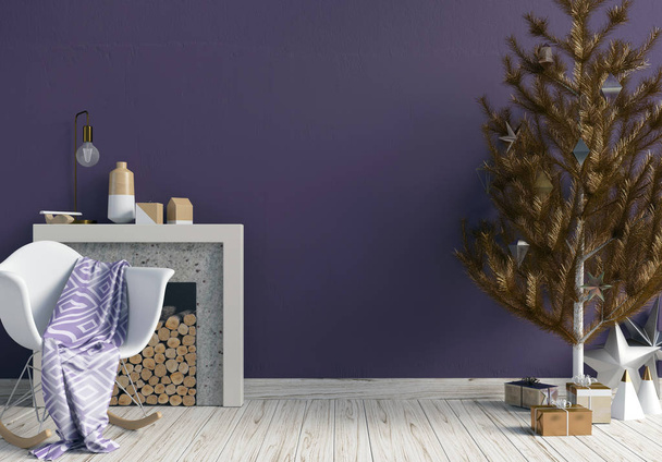 Moderní svítící vánoční interiér s krbem, skandinávském stylu. Zeď mock-up. 3D obrázek - Fotografie, Obrázek