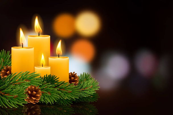 Négy adventi-karácsonyi égő gyertyák, ünnepi dekoráció, fenyő fa ágai és háttér éj homályos fenyő kúp. Karácsonyi üdvözlőlap. Vektoros illusztráció. - Vektor, kép