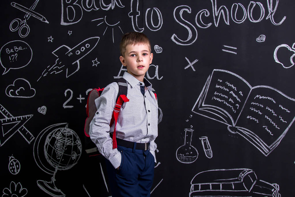 Симпатичний школяр стоїть перед крейдою як фон з рюкзаком на спині. Ландшафтний малюнок
 - Фото, зображення