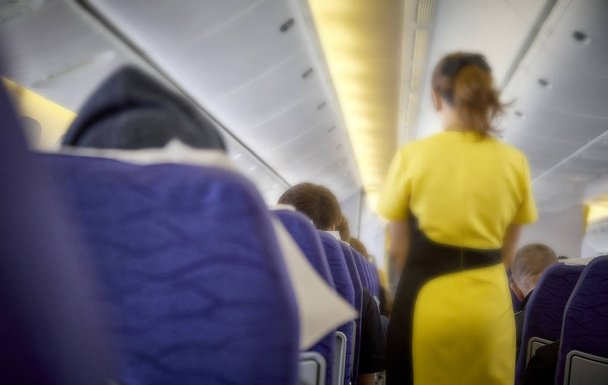 Niewyraźne streszczenie Flight attendant serwujemy pasażerów w samolocie. Pojęcie opieki przez ludzi. - Zdjęcie, obraz