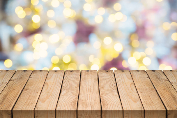 Puste drewniane tabeli powyżej tło uroczysty bokeh. Koncepcja Wakacje Christmas - Zdjęcie, obraz