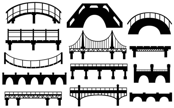 Musta siluetti. Kokoelma erilaisia siltoja. Kaupungin arkkitehtuuri litteä kuvake. Vector kuva eristetty valkoisella taustalla
. - Vektori, kuva