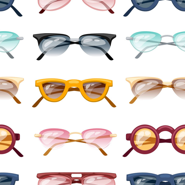 Seamless modeli. Renkli gözlük dizi. Şeffaf renkli cam ile on çizgi film gözlük koleksiyonu. Polarize gözlük. Beyaz arka plan üzerinde izole düz vektör çizim. - Vektör, Görsel