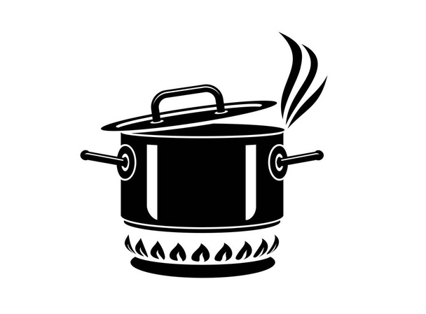 Готуємо каструлю з паровою іконою. Логотип у простому стилі з кухонним процесом. Смачний запах з плити вождя. Теплий комфорт і смачна їжа. Векторна ілюстрація першого курсу з високої кухонної зірки
. - Вектор, зображення