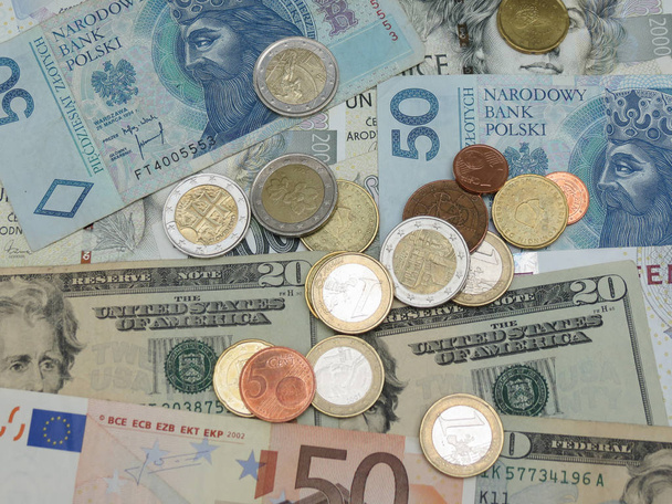 Banconote in valuta mista - USD, EUR, SEK, PLN, CZK
 - Foto, immagini