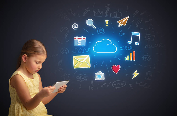 Girl holding tablet with applications concept - Photo, image