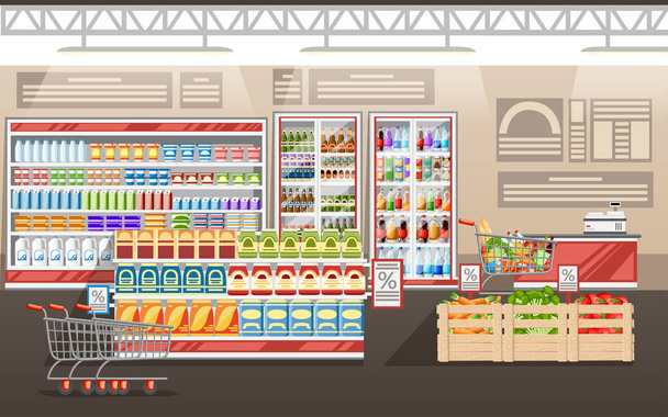 Supermarket illustration. Store interior with goods. Big shopping mall. Shelves, fridge, and carts. Wooden boxes with vegetables. Cash register. Vector illustration. - Vector, Image