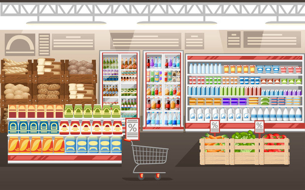 Supermarket illustration. Store interior with goods. Big shopping mall. Shelves, fridge, and carts. Wooden boxes with vegetables. Vector illustration. - Vector, Image