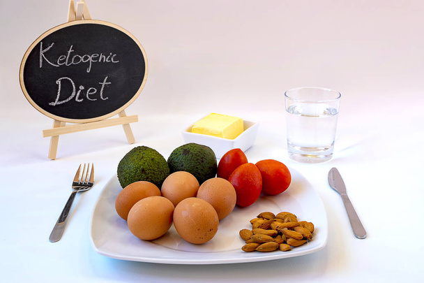Conceito de dieta cetogênica. Cartaz escrito com alimentos dietéticos como ovos, abacate, tomate e manteiga
. - Foto, Imagem