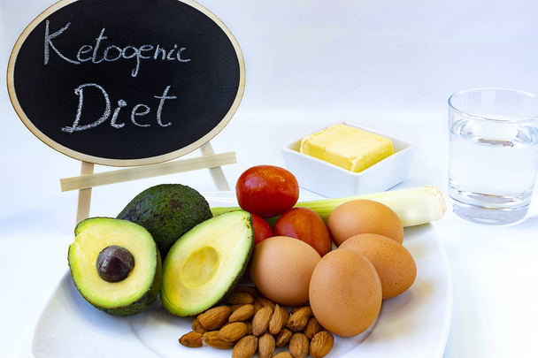 Concept of ketogenic diet. Poster written with diet foods like eggs, avocado, tomatoes and butter. - Photo, Image
