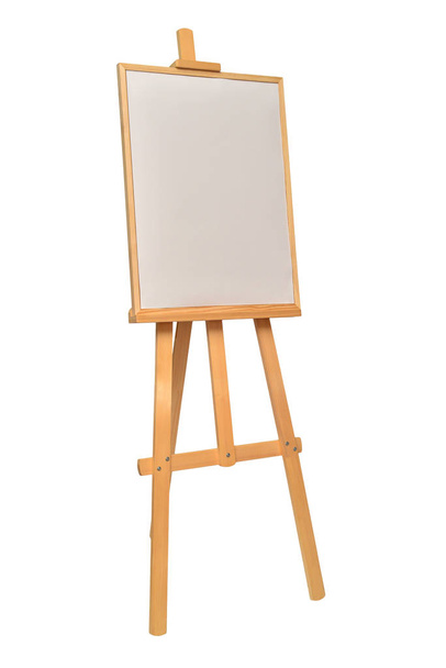 Easel with frames empty for drawing isolated on white background. Horizontal paper sheets. Object, set. Wooden, mock up. Education, school, artist. Creative concept and idea of art - Photo, Image