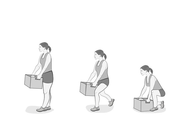Postura correta para levantar um objeto pesado com segurança. Ilustração dos cuidados de saúde. ilustração vetorial
  - Vetor, Imagem