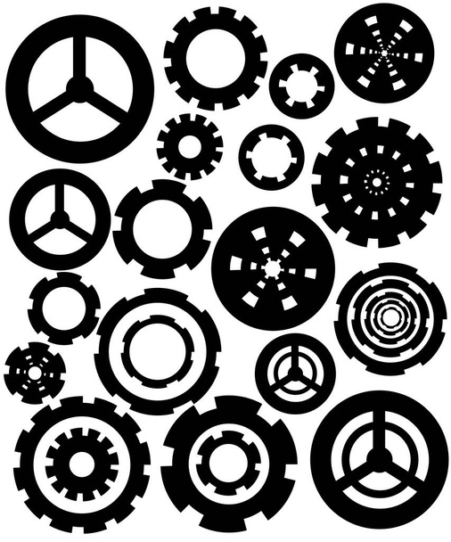 Black silhouette. Collection of gear wheels icons set. Flat vector illustration isolated on white background. - Vector, Image