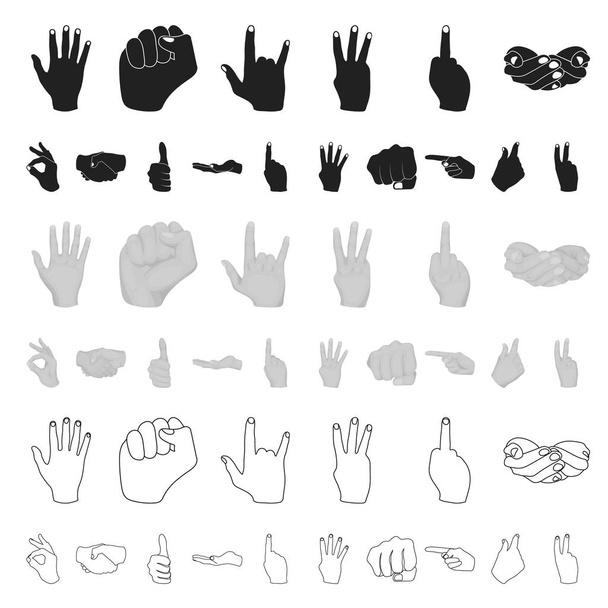 Mano gesto iconos de dibujos animados en conjunto de la colección para el diseño. Palma y dedo vector símbolo stock web ilustración
. - Vector, Imagen