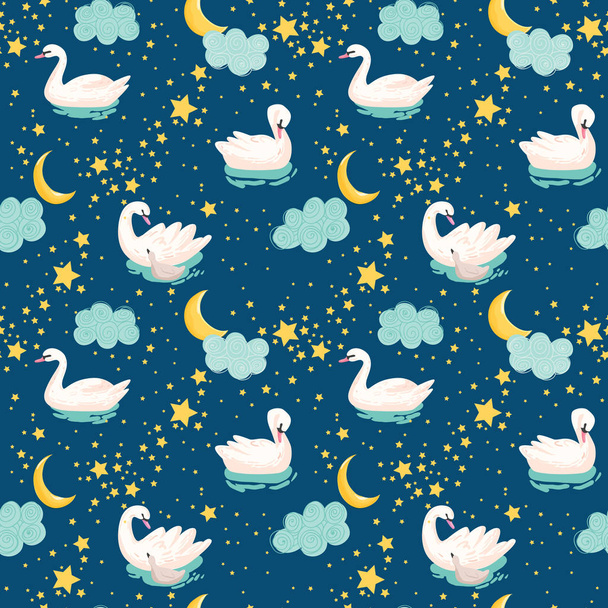 Beautiful Seamless Pattern with white Swans, Moon and Stars, use for Baby Background, Textile Prints, Covers, Wallpaper, Posters. Vector Illustration - Вектор,изображение