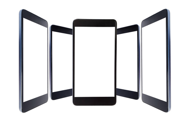 Vários smartphones pretos close-up em pé em um semicírculo isolado em um fundo branco com uma tela isolada
. - Foto, Imagem