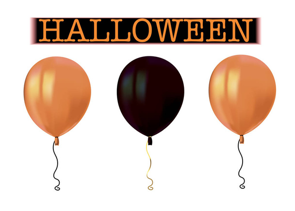 Halloween air flying balloons with reflects isolated on white background. Orange and black balloons. Halloween vector collection - Vector, Image