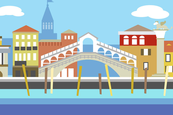 Venice city colorful flat style vector illustration. Cityscape with embankment and buildings. Composition for your design - Vector, Image