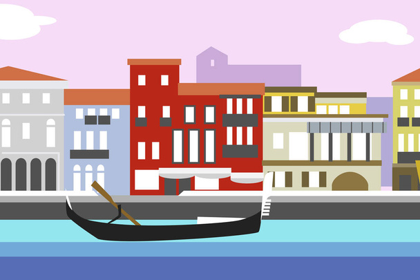 Venice city colorful flat style vector illustration. Cityscape with embankment and buildings. Composition for your design - Vector, Image
