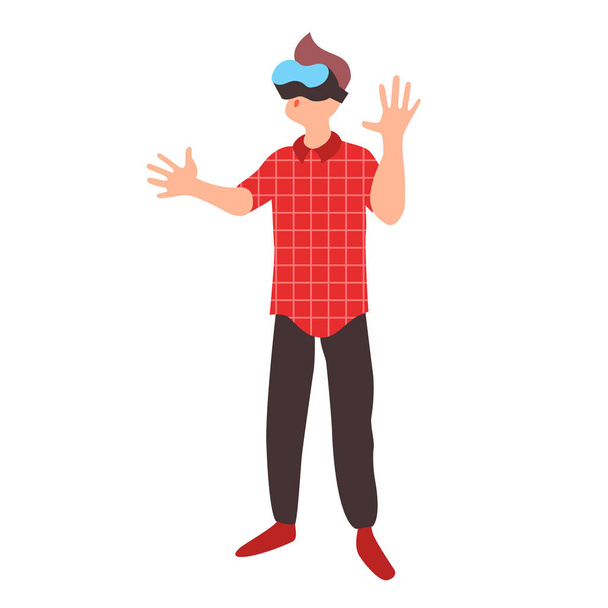 Adolescent apprend dans des lunettes de réalité virtuelle. Adolescent portant un casque vr. Un garçon joue un jeu dans la réalité augmentée
. - Vecteur, image