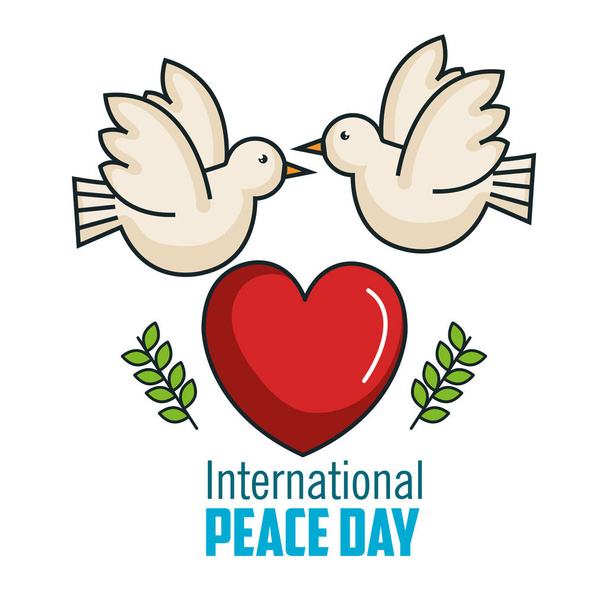 Uluslararası barış günü iki güvercin birlikte büyük kalp aşk - Vektör, Görsel