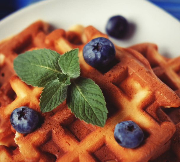 Homemade belgian waffles with fresh blueberry and raspberry - Foto, Imagem