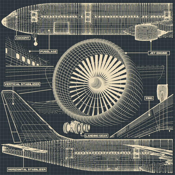 レトロなスタイルの民間ジェット機の図面の断片のベクター イラスト - ベクター画像