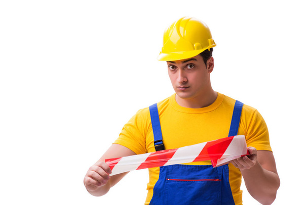 Funny worker wearing coveralls with tape - Φωτογραφία, εικόνα