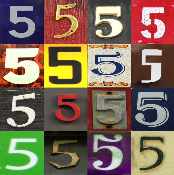 Numbers collection 5 in different colours and patterns as wood, paper and brick  - Foto, Imagen
