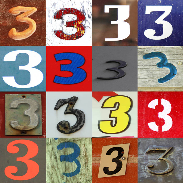 Numbers collection 3 in different colours and patterns as wood, paper and brick  - Foto, Imagen